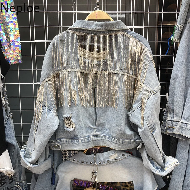 

Neploe New Cowboy Coat Female Autumn Hole Beaded Tassel Short Jean Jacket Women Loose Long Sleeve Denim Coats Streetwear 54185