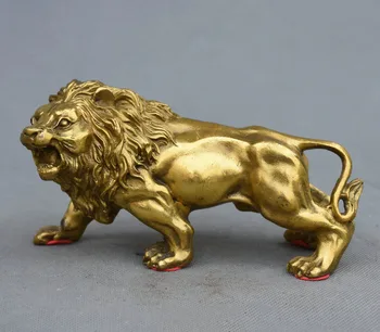 

6" Folk Chinese Feng shui Brass Sculpture Carving Ferocity Lion Leo King Statue
