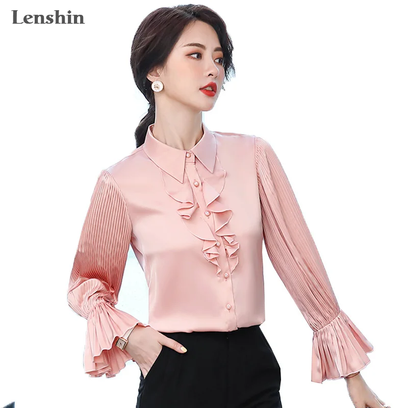 Lenshin-elegant blouse with ruffles for women, blouse with flared sleeves, work wear, office tops, loose style