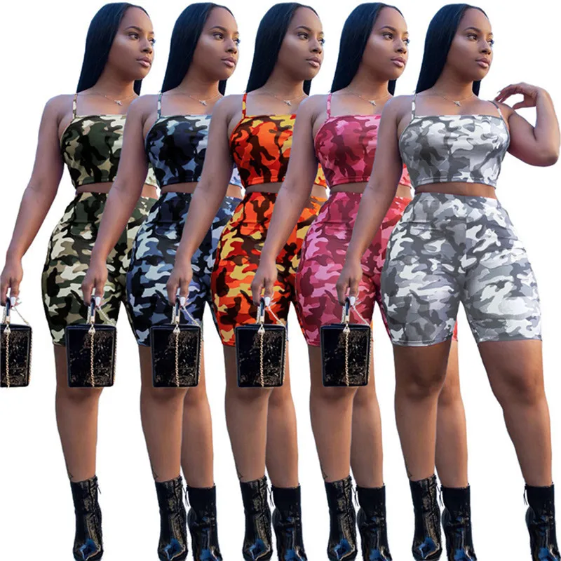 Women Casual Clothing Set Fashion Sexy Print Camouflage Two Piece Set