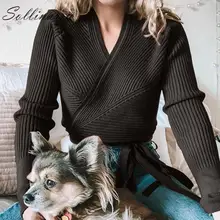 Sollinarry, элегантные женские вязаные свитера с запахом, кардиган, модный, Осень-зима, черные свитера, женские, v-образный вырез, сексуальные топы, вязаный джемпер