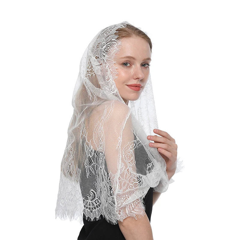 Embroidered Scarf for Church Shawl with Spanish Fringes Christian Veil Spanish Mantilla Lace Shawl Floral Women Handkerchief 3