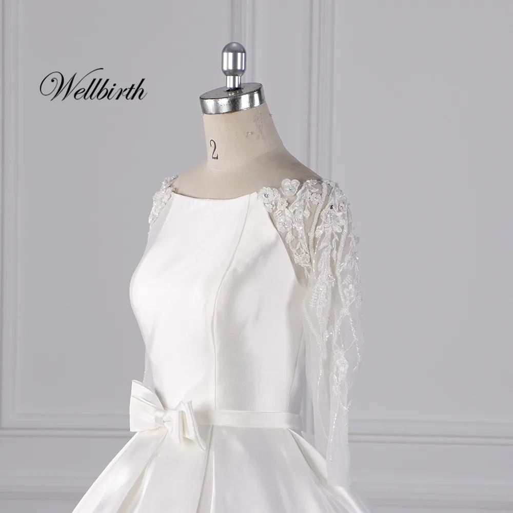 Реальное изображение Wellbirth Vestido de novia Платье с вырезом лодочкой сзади свадебное платье со шнуровкой сзади Свадебное платье js011