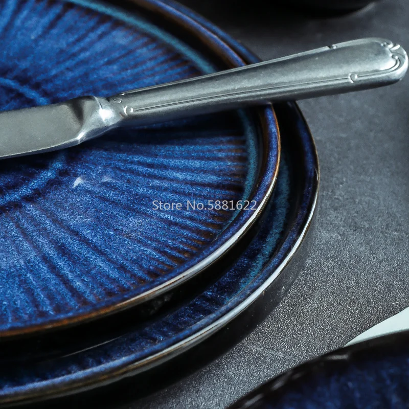 Blue Color Ceramic Tableware Home Flat Plate Deep Steak Dish Breakfast Dinner Plate Big Bow