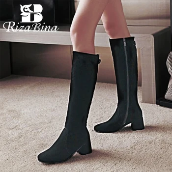 

RIZABINA New Women Knight Boots Side Zipper Thick Heels Knee High Boots Winter Warm Solid Color Women Footwear Size 34-43