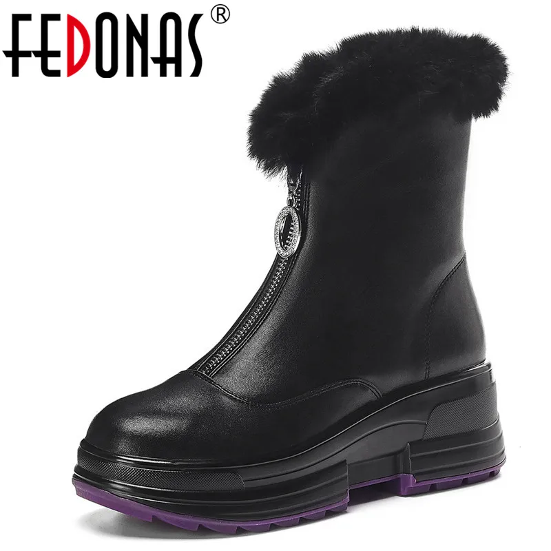 

FEDONAS Warm Rabbit Hair Women Genuine Leather Ankle Boots Newest Zipper Flats Platform Boots Female Office Party Shoes Woman