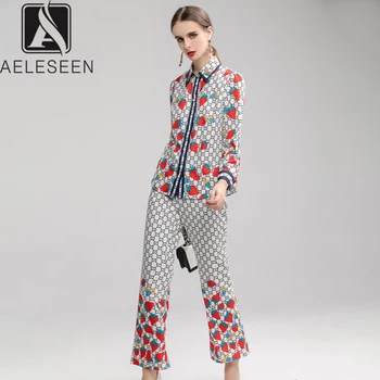 

AELESEEN New 2020 Spring Office Lady Runway Print Twinset Women Single-Breasted Blouse + Flare Pants Strawberry Print Suit
