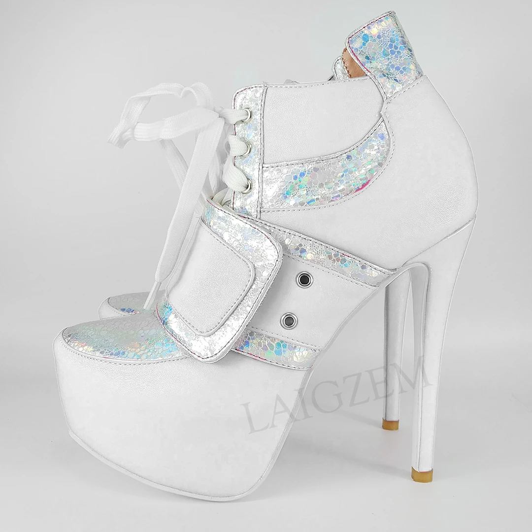 LAIGZEM Botines Mujer; женские ботильоны; полусапожки на шнуровке на высоком каблуке; Bota Feminina; женская обувь; большие размеры 50, 51, 52