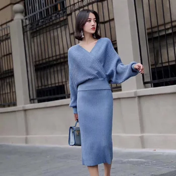 

Spring Bling Knitted 2 Piece Set Women Lantern Sleeve V Neck Sweater Elastic Waist Knitted Skirt Female Sweater Suit