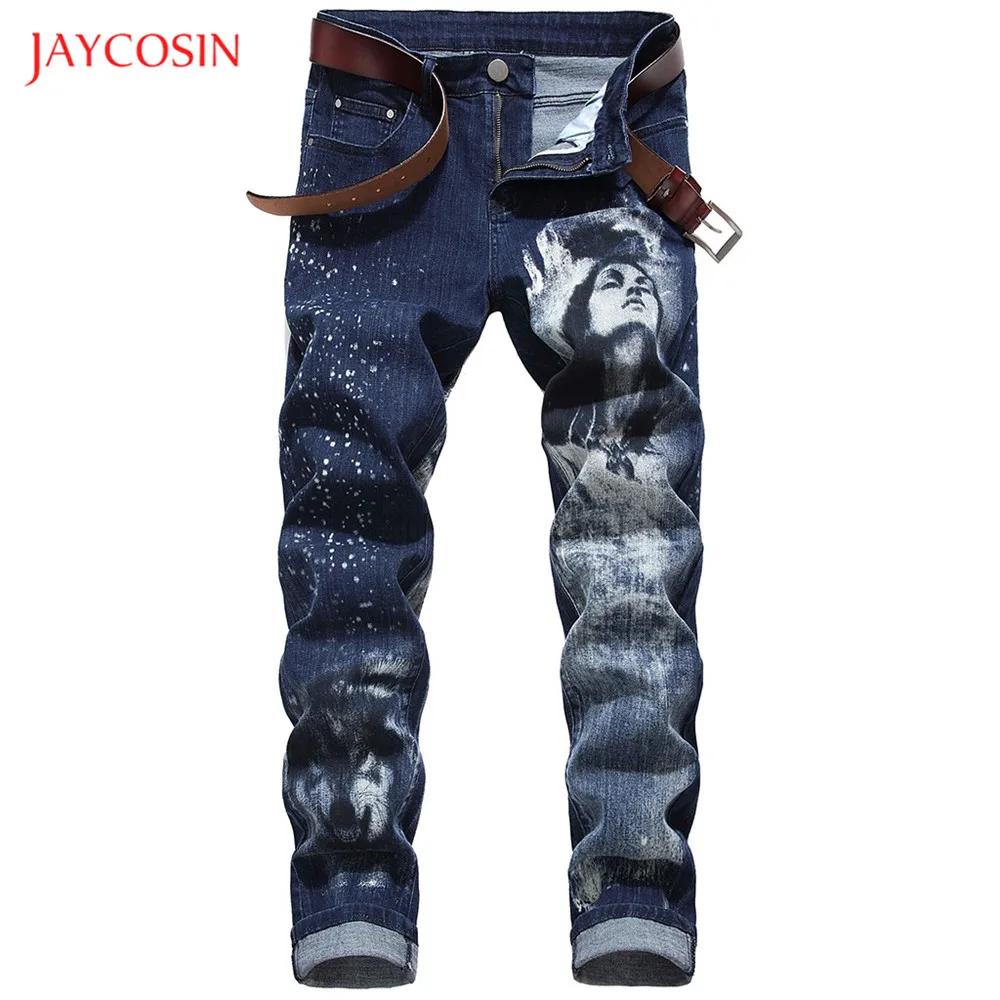 Jaycosin мужские Модные джинсы с 3D принтом лица, повседневные Простые прямые джинсы больших размеров 28-42