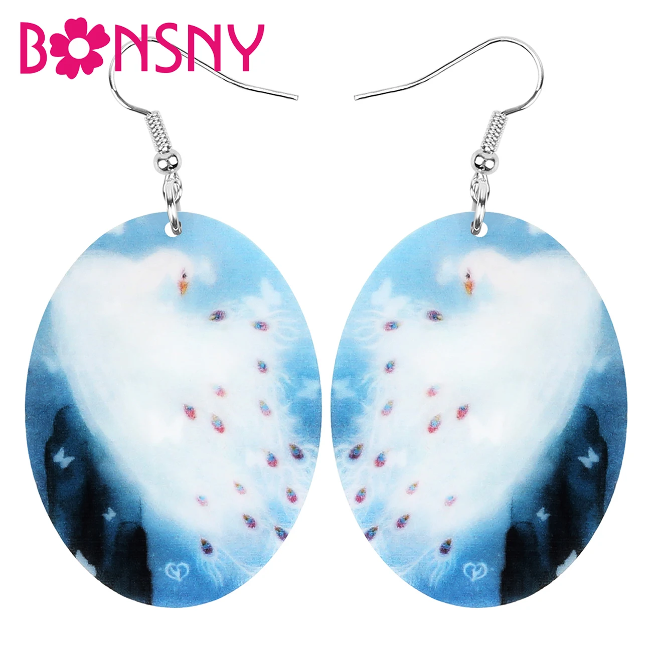 Bonsny Acrylic Oval White Peacock Peafowl Earrings Long Print Bird Animal Dangle Drop Jewelry For Women Girls Lover Trendy Gift | Украшения