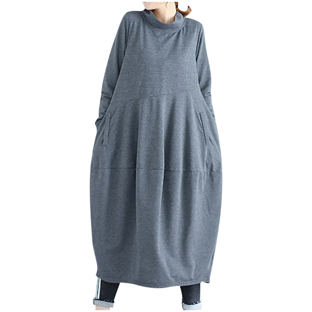 nuevos trajes модное женское длинное платье с длинным рукавом, водолазка, однотонное Плиссированное льняное свободное платье espalda cruzada para mujer
