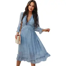 

Bohemian Women Dress Floral Print Deep V Neck Spring Long Sleeve Large Ruffle Hem Midi Dress Streetwear Female Casual Holiday