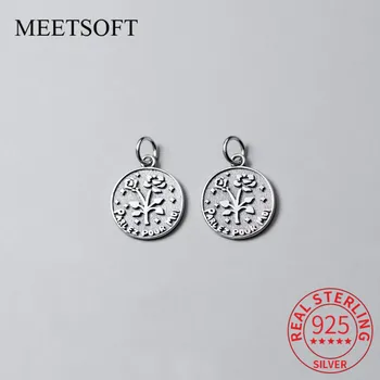

MEETSOFT Vintage 925 Sterling Thai Silver Flower Craved Pattern Round Dangle Charms Special of DIY Crafwork Jewelry Accessory