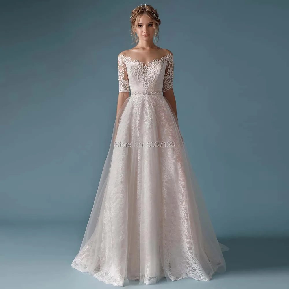 

Half Sleeves Wedding Dresses O Neck Lace Appliques A Line Bridal Gown Button Illusion Vestido De Noiva Sweep Train
