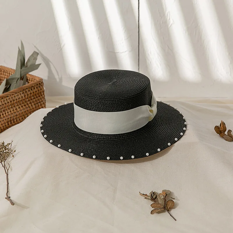 Женская Соломенная шляпка ручной работы Пляжная с плоским верхом украшенная