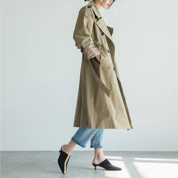

Johnature 2020 New Korean Fashion Loose Long Trench Coat Autumn Winter Turn-down Collar Button Patchwork Sashes Women Coats