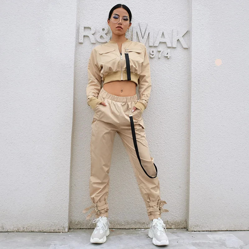 

Women Suit Crop Tops Pants Two Piece Female Spring Autumn Casual Sets Buckle Streetwear Jacket Pant Set Lady Work Suits