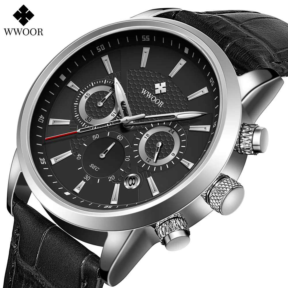 

WWOOR Men Quartz Watch Luxury Sports Waterproof Chronograph Luminous Date Man Wristwatch Business Leather Men's Watches Clock