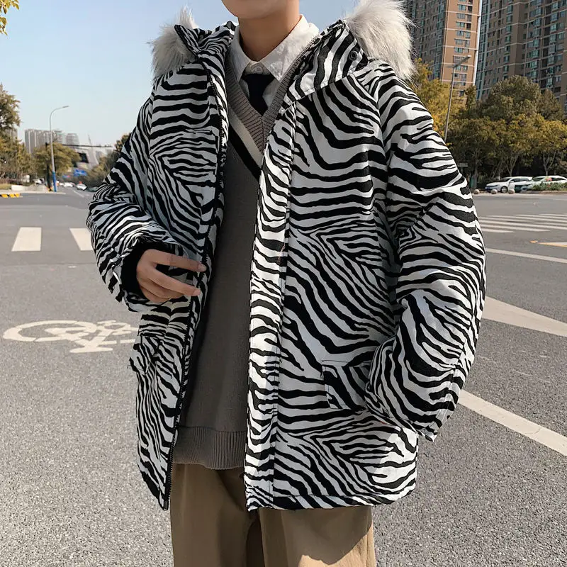 

Winter Striped Coat Men's Parka Warm Fashion Retro Fur Collar Hooded Coat Men Wild Loose Korean Casual Thick Jacket Mens Clothes