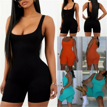 

Newest Women Rompers Sleeveless Solid Black Orange Blue Halter Jumpsuit Lady Bodycon Playsuit Slim Short Pants Female Bodysuit