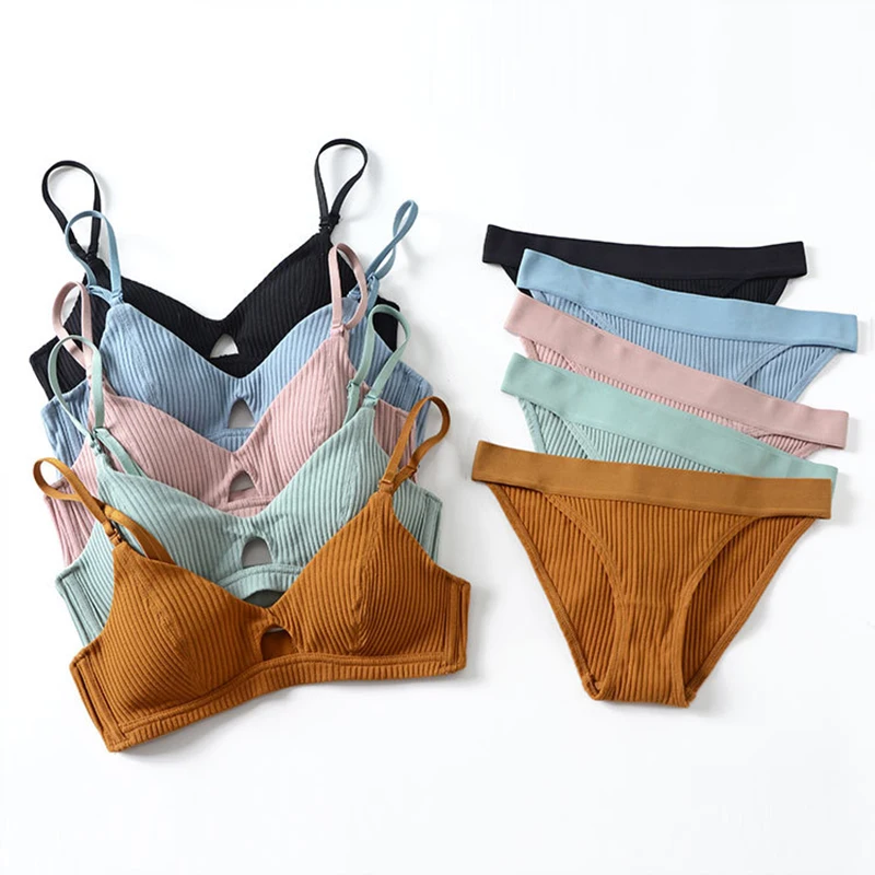 

Sexy Underwear Cotton Set Screw Thread Thin Wireless Bra With Removable Straps Padded Girls Bra Thong Set Lingerie Women