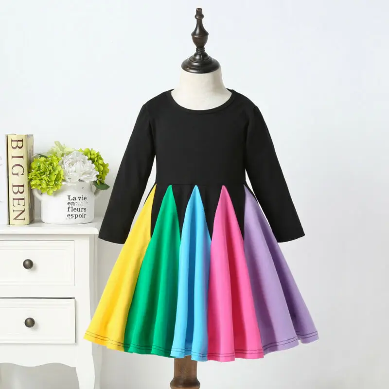 

Imcute New Baby Girl Dress Clothes Toddler Kids Girls Princess Long Sleeve Tutu Patchwork Rainbow Sling Dresses Vestido Infantil