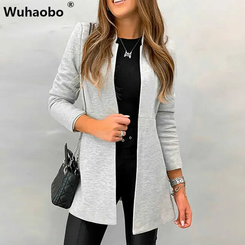 

Autumn Winter Solid Slim Suit Coats Women Fashion Long Sleeve Casual Stand Collar Open Stitch Elegant Ladies Blazers Overcoats