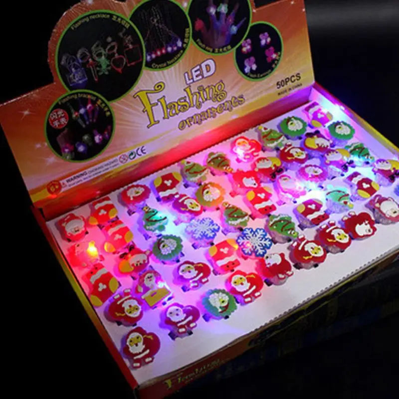 Christmas LED Ring Luminous Flash Finger Rings Toys 50 Pack Party Favor Blinking Jelly Rubber Rings Kids Adults Gifts Box Sets