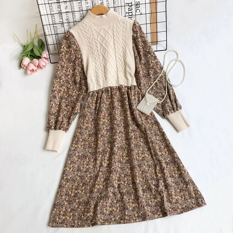 

2022 New fake two-piece knit stitching over-the-knee dress temperament corduroy bottoming dress women's Spring Autumn