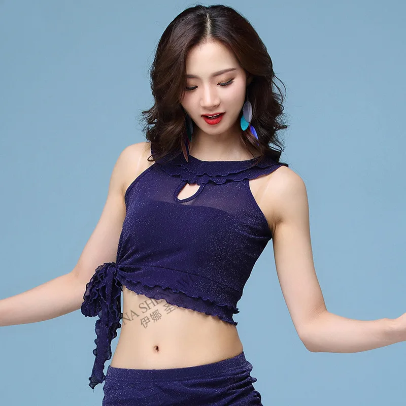 Dark blue Top Женский набор костюма для танца живота сексуальная модная танцевальная одежда для занятий вилкой брюки юбка одежда для латиноамериканских танцев Новинка 2 шт топ+ брюки - Цвет: Dark blue Top