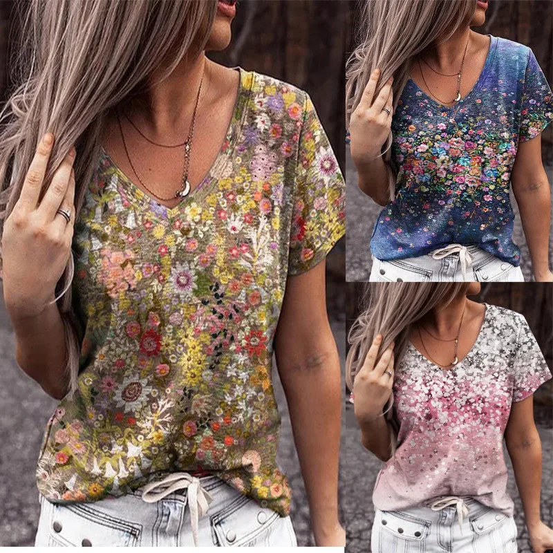 Summer Casual Tee Short Sleeve Women T-Shirts Flower Print Street Tops Female V-Neck Loose T-Shirt 5XL Plus Size Top Pullover