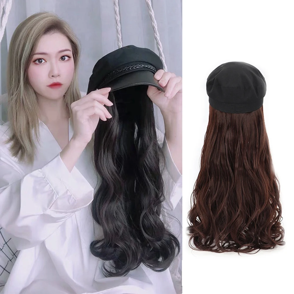 

New 2 Types Knit Hat Cap Navy Beret With Hair Wig Women Winter Keep Warm Quickly Change Hair Style Free Long Curly Hair Wig Cap