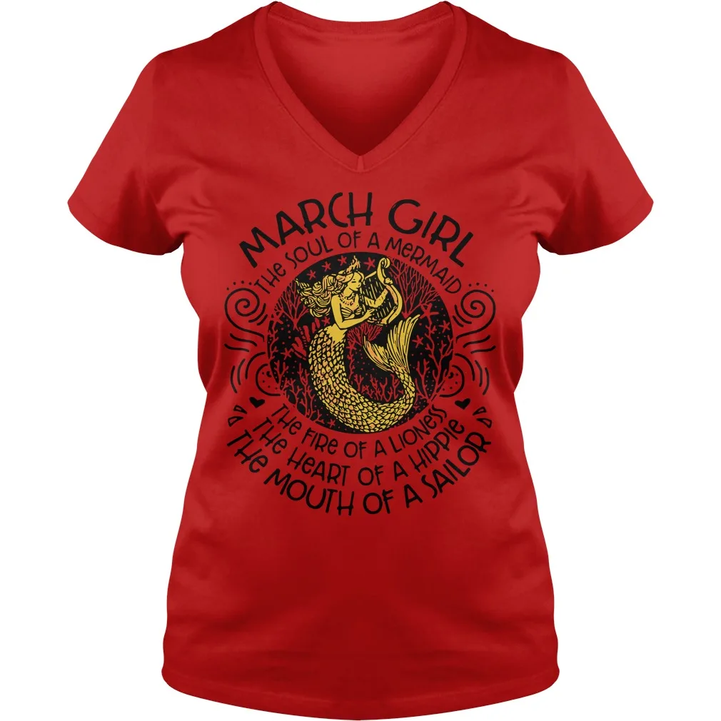 March Girl The Soul Of A Mermaid Fire Lioness Ladies V-образный вырез Футболка | Женская одежда