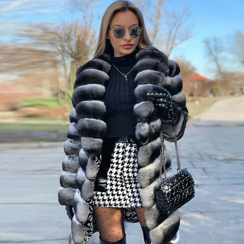Natural Women Rex Rabbit Fur Coat Winter 2022 New Full Pelt Genuine Rex Rabbit Fur Coats with Turn-down Collar Trendy Overcoats