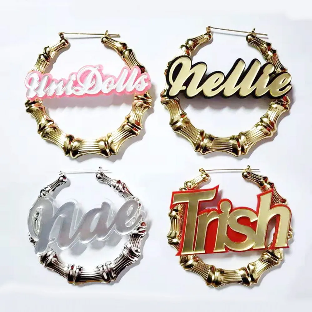 

2020 New Sexy Custom Name Earrings Bamboo Hiphop Hoop Round Earrings for Women Personality Letter Earrings Gift Girlfrienfd