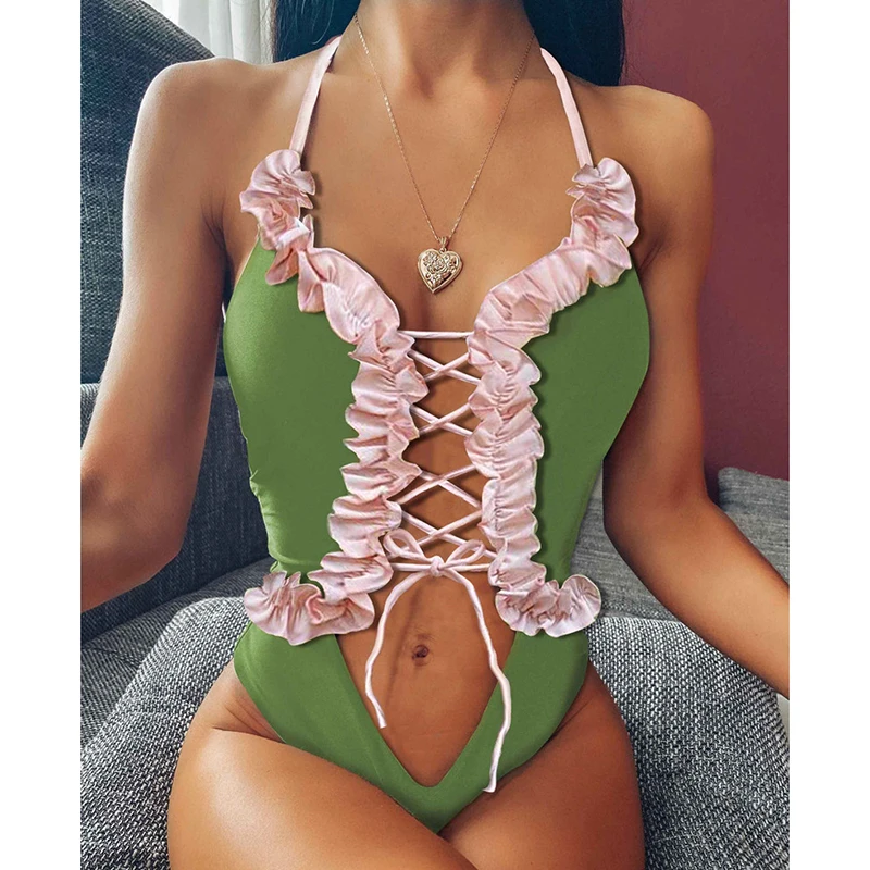 

Sexy One Piece Swimsuit Female Print Lotus Leaf Bandage Swimming 2020 Black Hollow Out Swimwear Women Swimming for Bathing Suit