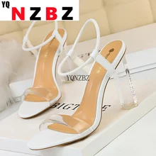 

2022 Summer Women White High Heels Sandals Open Toe Crystal Block Heels Sandals Stiletto Female Roman Party Prom Shoes Plus Size