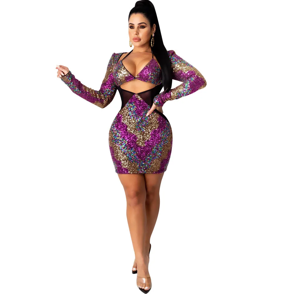 Temperament Printed Sequined Long-sleeved Dress Nightclub Party Sexy  Vestidps Clothes Plus Size Halter Crop Tops Short Dresses - AliExpress  Women's Clothing