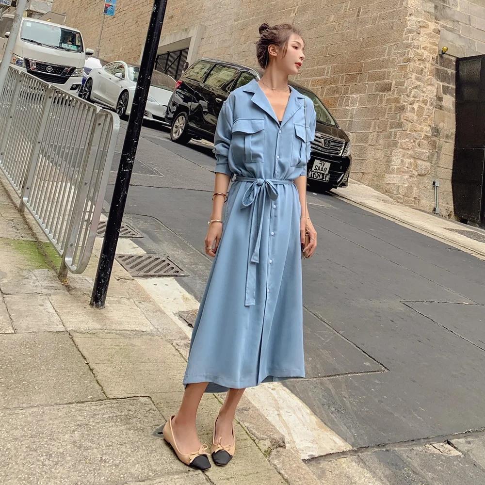 

Photo Shoot 2019 Spring New Style han ban qun Children Retro CHIC Wind over-the-Knee Long Shirt Dress Waist Hugging Dress