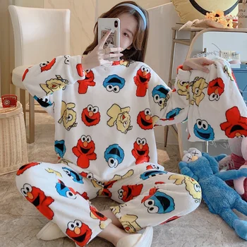 

XIZOU Winter Warm Flannel Women Pyjamas Sets Thick Coral Velvet Long Sleeve lovely Cartoon Sleepwear Girl Flannel Pajamas Set
