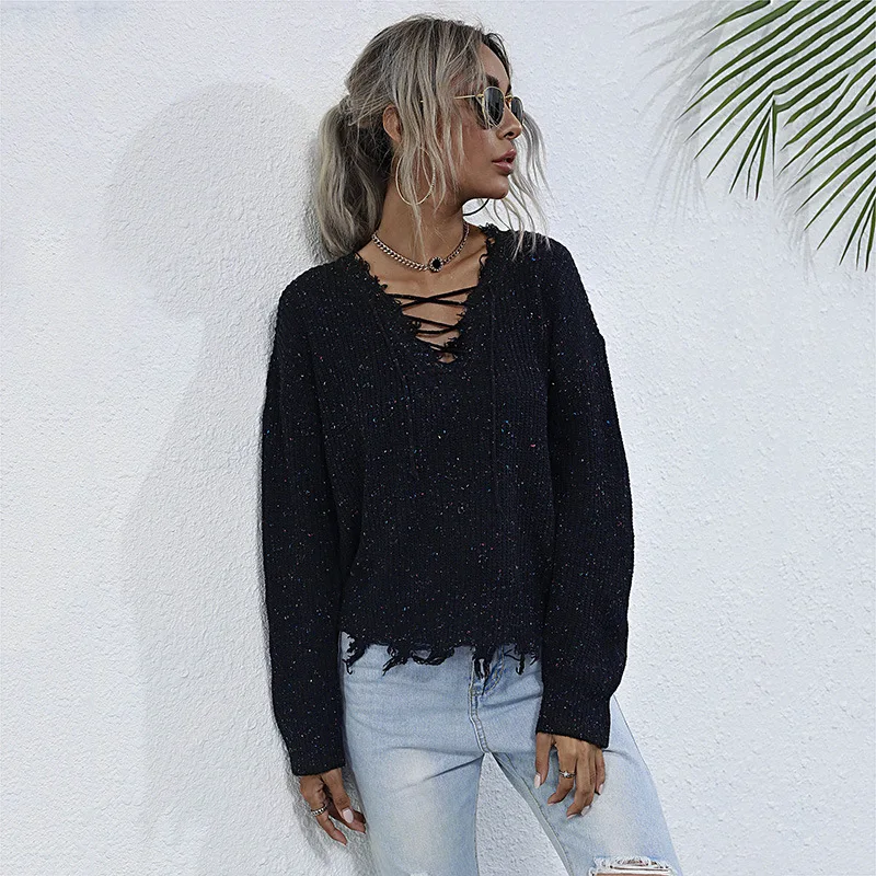 

Spring Autumn Knitted Outerwear V-neck Loose Tassel Casual Pullover Women Tops Long Sleeve Woman Sweaters TA6563