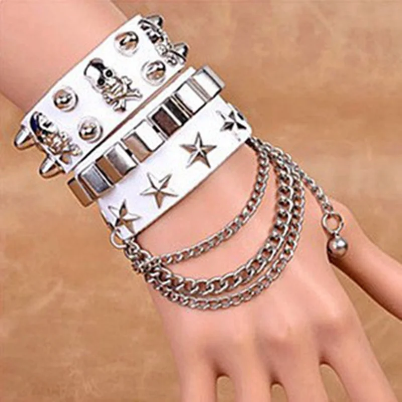 Skull Rivet Hip-Hop Hip Rock Multilayer Leather Metal Pentagram Chain Bracelet For Men