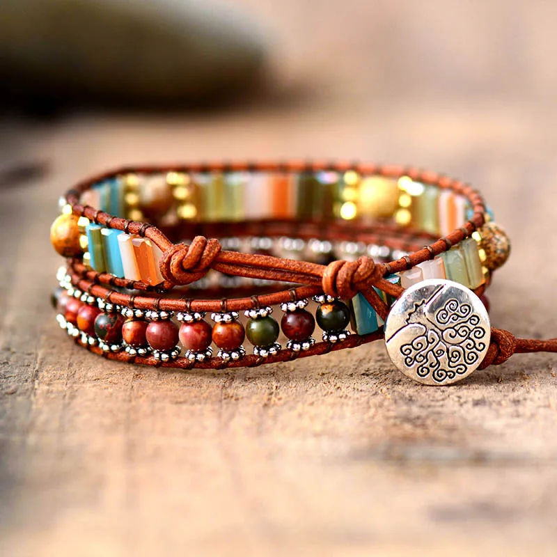 New Leather Bracelets Natural Stones Crystal 2 Strands Wrap Bracelets Handmade Vintage Woven Boho Bracelet Dropshipping - Image 3