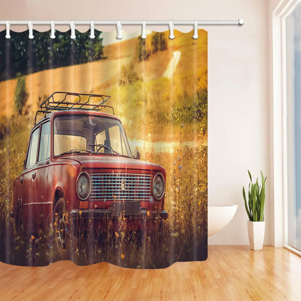Vintage Shower Curtain set Old Retro Classic Abandoned Car Bathroom