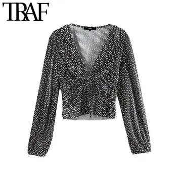 

TRAF Women Vintage Sexy Polka Dot Pleated Wrap Blouses Fashion Long Sleeve Elastic Waist Drawstring Female Shirts Chic Crop Top