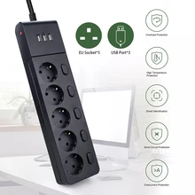 

KUTUMAI Power Strip Surge Protection Eu Plug Electrical Extension Sockets with USB 5 way Outlets Independent Control 2m Cord