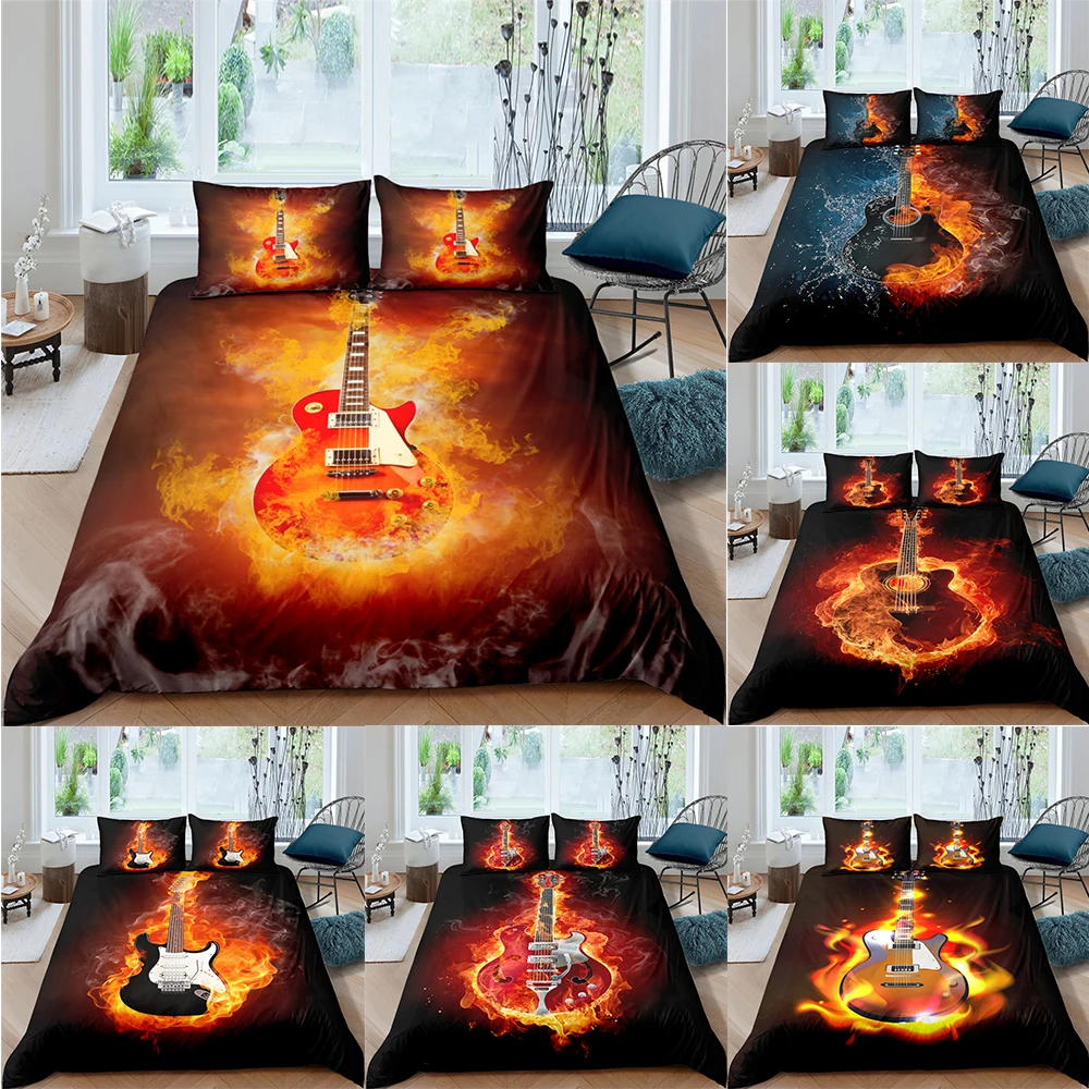 

Bedding Set Fire Guitar Music Bed Quilt Pillowcase Colorful Duvet Cover 3D Print Cover Set With Pillowcase 2/3pcs