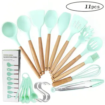 

Fashion Non-Stick Silicone Kitchen Portable Mini Kitchen Set With Wood Handle Shovel Scraper Colander Food Clip Egg Beater