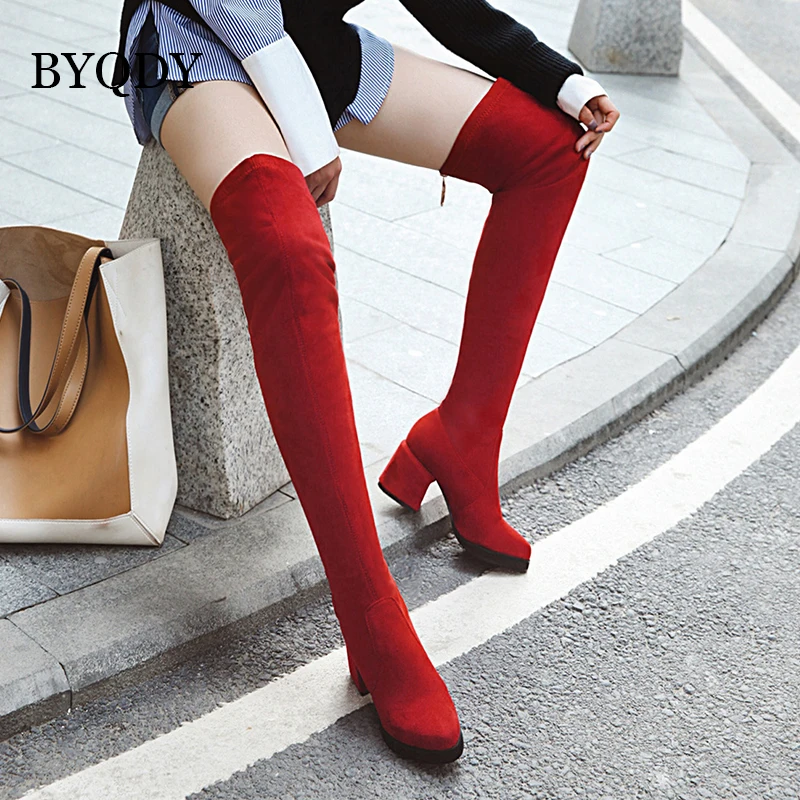 

BYQDY Luxury Brand Designer Stretch Fabric Woman Shoes Round Toe Block High Heels Thigh Over The Knee Boots Red Plus Size 48